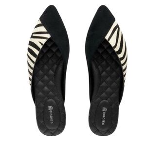 Birdies The Swan Black Suede Zebra Calf Hair Flat Slide Mules Black Size 7.5